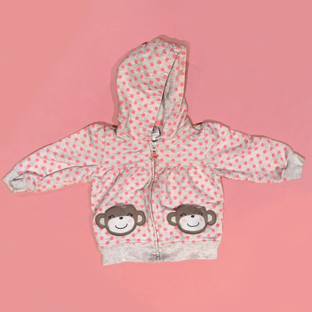 Carter's Girls Pink Polka Dot Monkey Pocket Hooded Sweatshirt - 9m